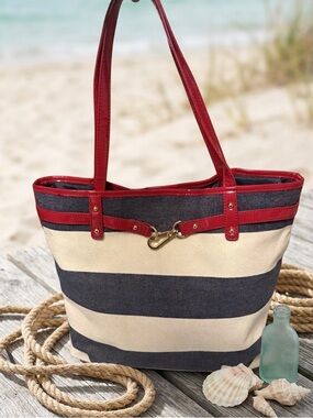 Tommy Hilfiger Nautical Stripe Canvas Tote Bag – Red Patent Trim & Lobster Claw